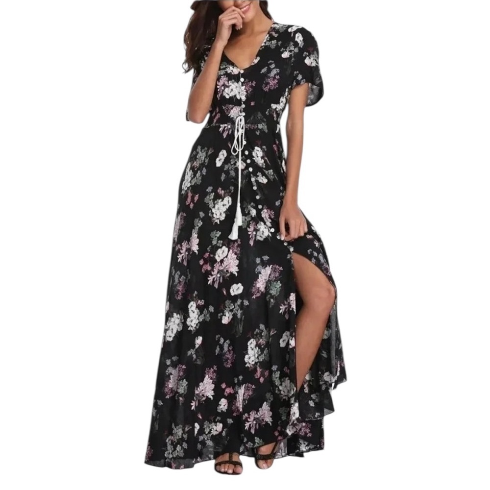 Boutique Black Floral Short Sleeve Button Front Maxi Dress Medium NWOT